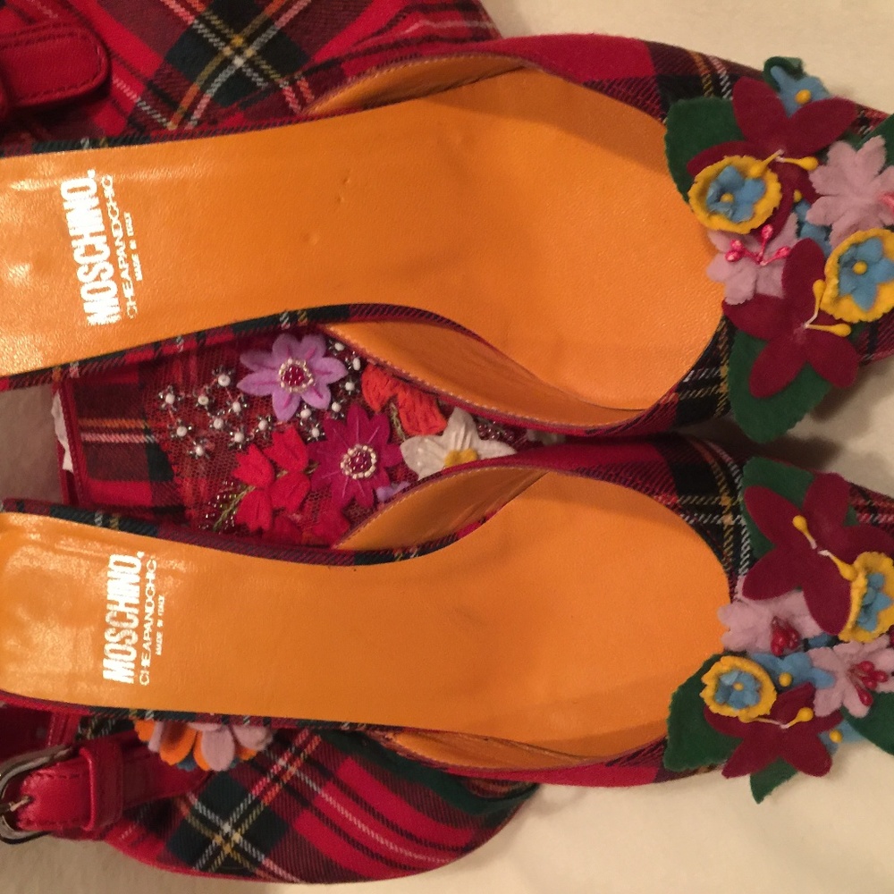 Moschino Plaid Wool Kitten Heel Mules Shoes